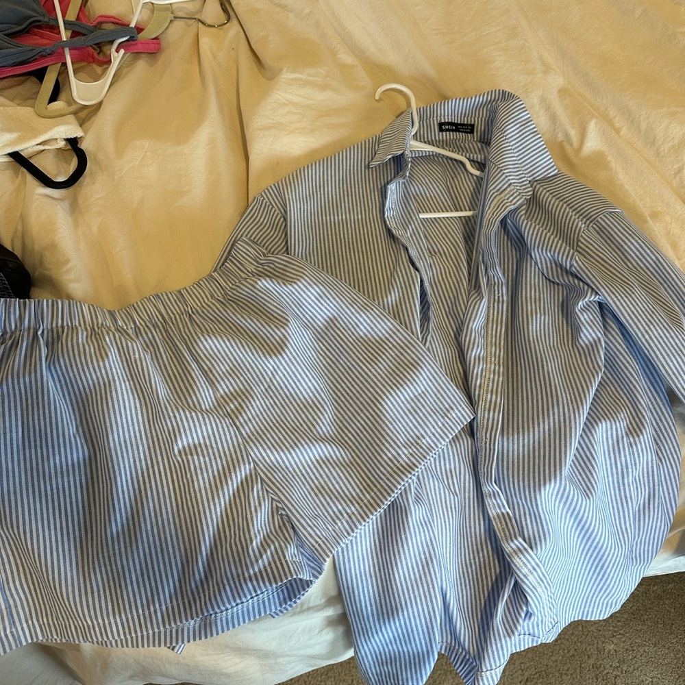 SHEIN Blue and White Striped Button Down Shirt